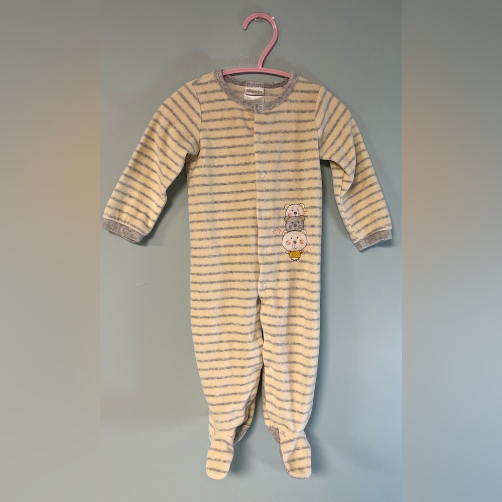 Absorba Light Yellow & Grey 3 Bear Snap Close Footie Pajama, Baby Size 6-9month